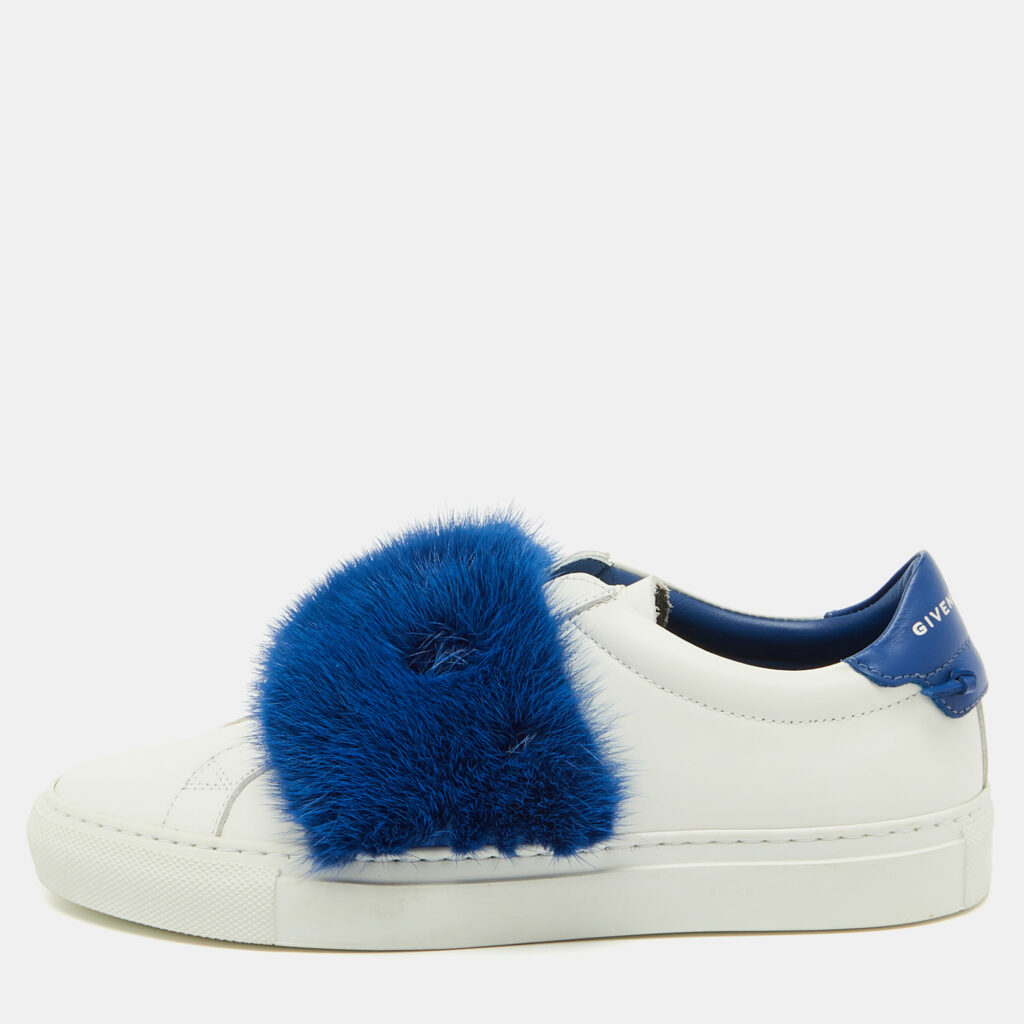 luxury-women-givenchy-used-shoes-p1103895-001 Givenchy White/Blue Leather and Mink Fur Urban Street Slip On Sneakers Size 37