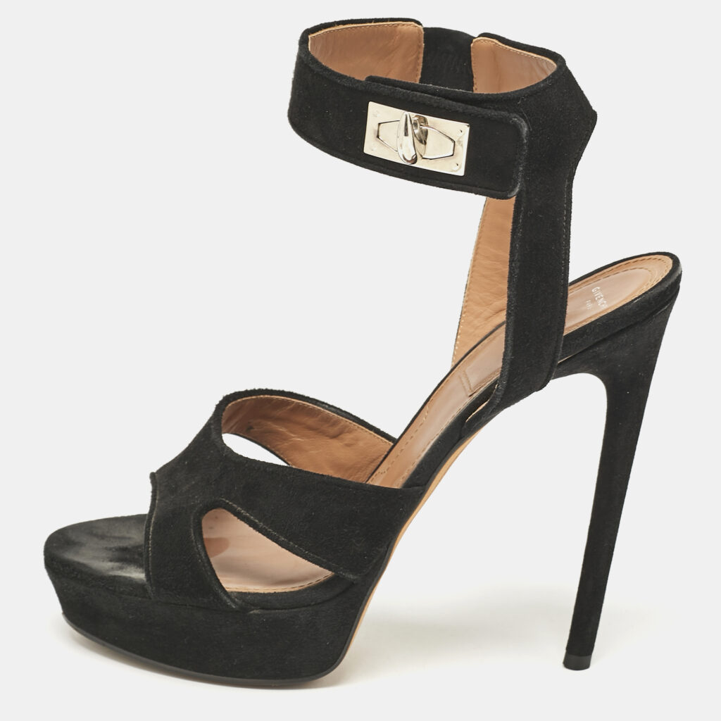 luxury-women-givenchy-used-shoes-p1108536-001 Givenchy Black Suede Shark Lock Ankle Strap Sandals Size 40