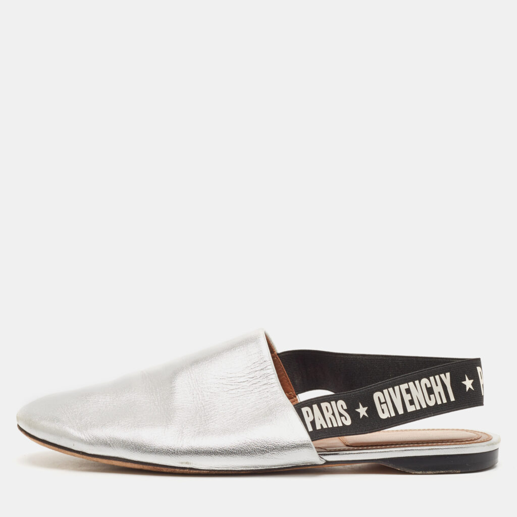 luxury-women-givenchy-used-shoes-p1112665-008 Givenchy Sliver Leather Rivington Logo Slingback Flat Mules Size 38