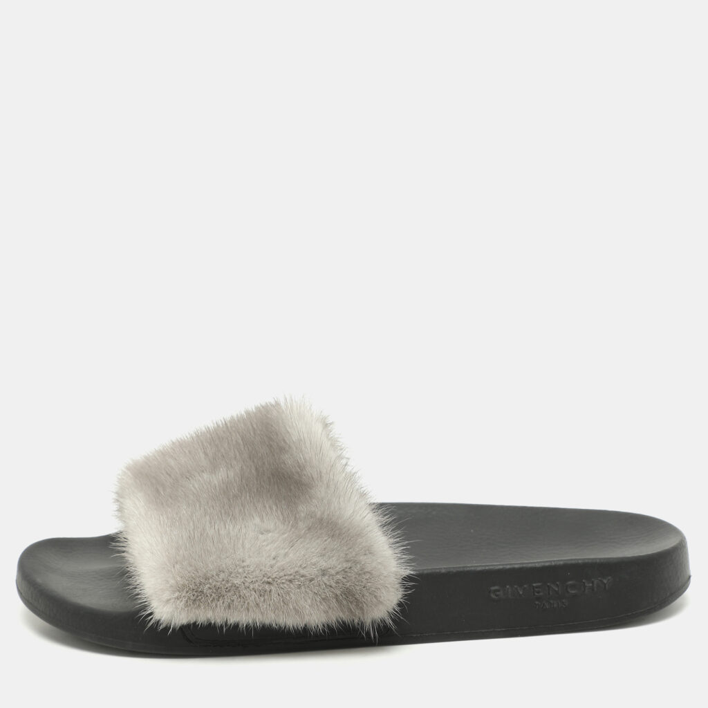 luxury-women-givenchy-used-shoes-p1140404-007 Givenchy Grey Mink Fur Flat Slides Size 40