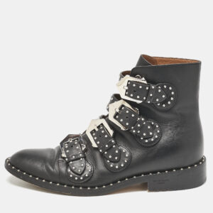 Givenchy Black Leather Studded Buckle Detail Ankle Boots Size 37