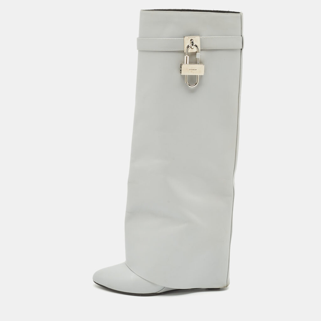 luxury-women-givenchy-used-shoes-p1143281-001.jpg Givenchy Grey Leather Shark Lock Knee Length Boots Size 39