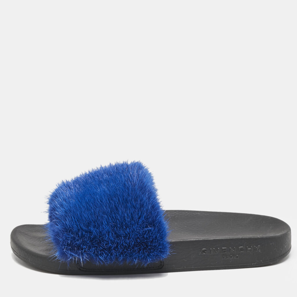 Givenchy Blue Mink Fur Pool Slide Flats Size 36