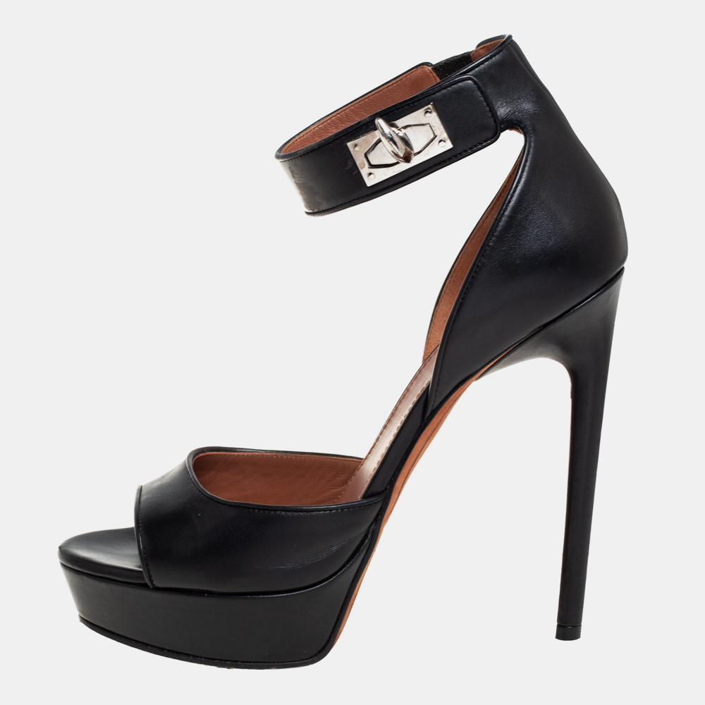 luxury-women-givenchy-used-shoes-p428729-014 Givenchy Black Leather Shark Tooth Ankle Strap Open Toe Platform Sandals Size 39