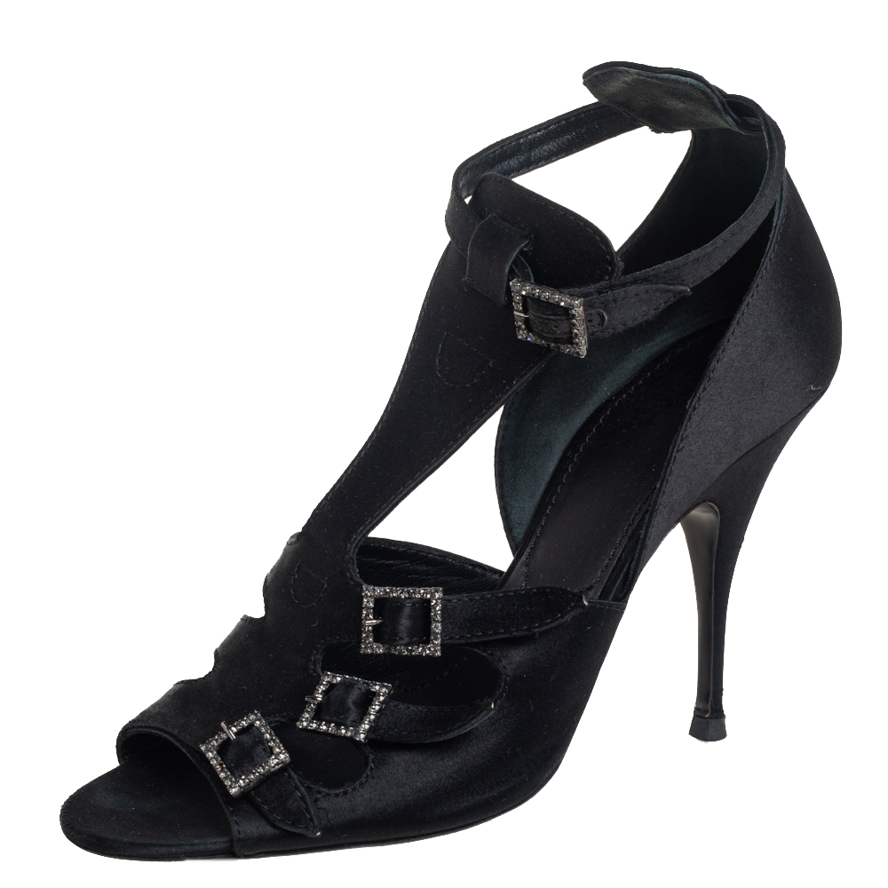 luxury-women-givenchy-used-shoes-p433643-003 Givenchy Black Satin Cystal Buckle Embellished T-Strap Open Toe Sandals Size 38