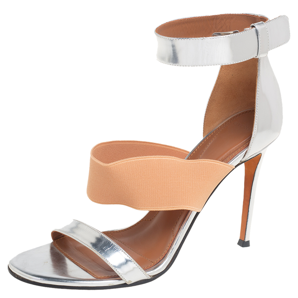 luxury-women-givenchy-used-shoes-p504873-002-1 Givenchy Silver Foil Leather And Fabric Ankle Cuff Sandals Size 39
