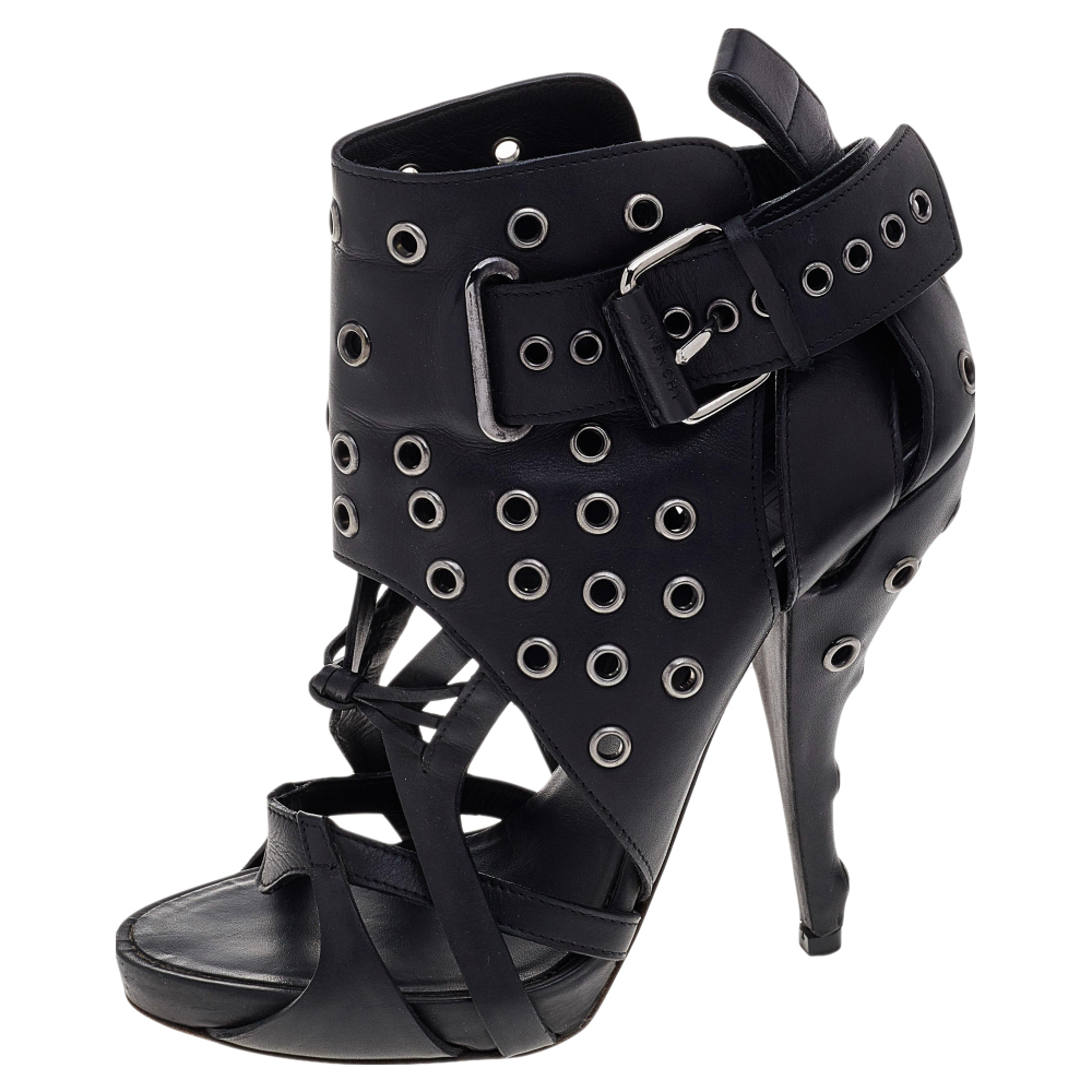 luxury-women-givenchy-used-shoes-p562219-005-1 Givenchy Black Leather Studded Strappy Ankle Boots Size 38