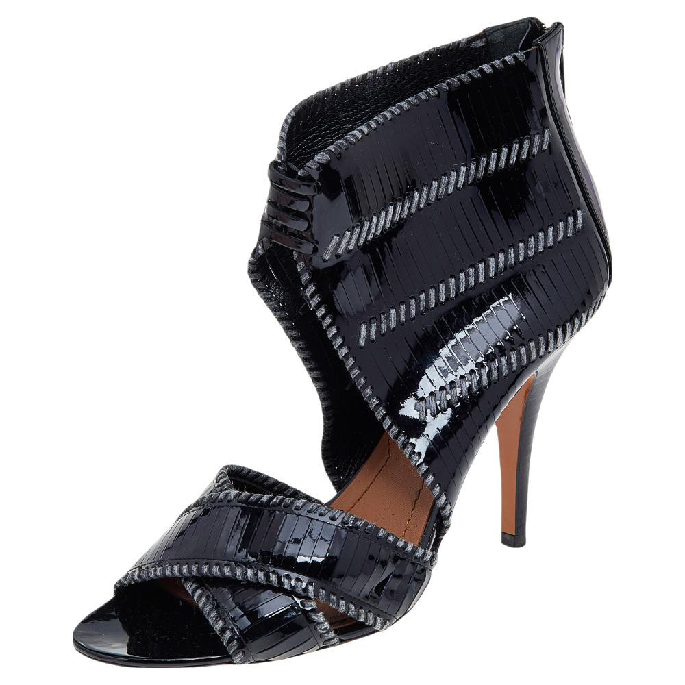 luxury-women-givenchy-used-shoes-p562289-001 Givenchy Black Stripe Cut Patent Leather Ankle Booties Size 39.5