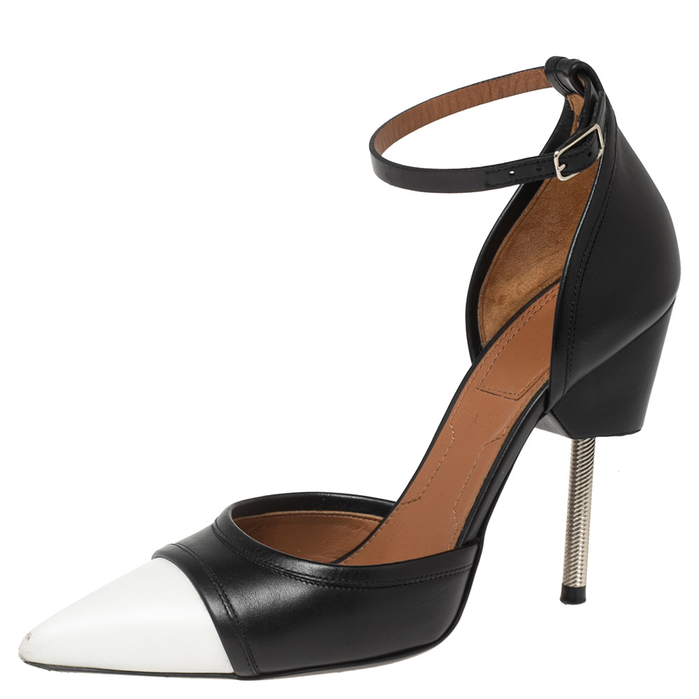 luxury-women-givenchy-used-shoes-p579151-003-2 Givenchy Black/White Leather Screw Heel Ankle-Strap Pumps Size 36
