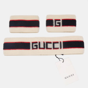 Gucci Beige Logo Stripe Sports Headband & Wristbands Set M