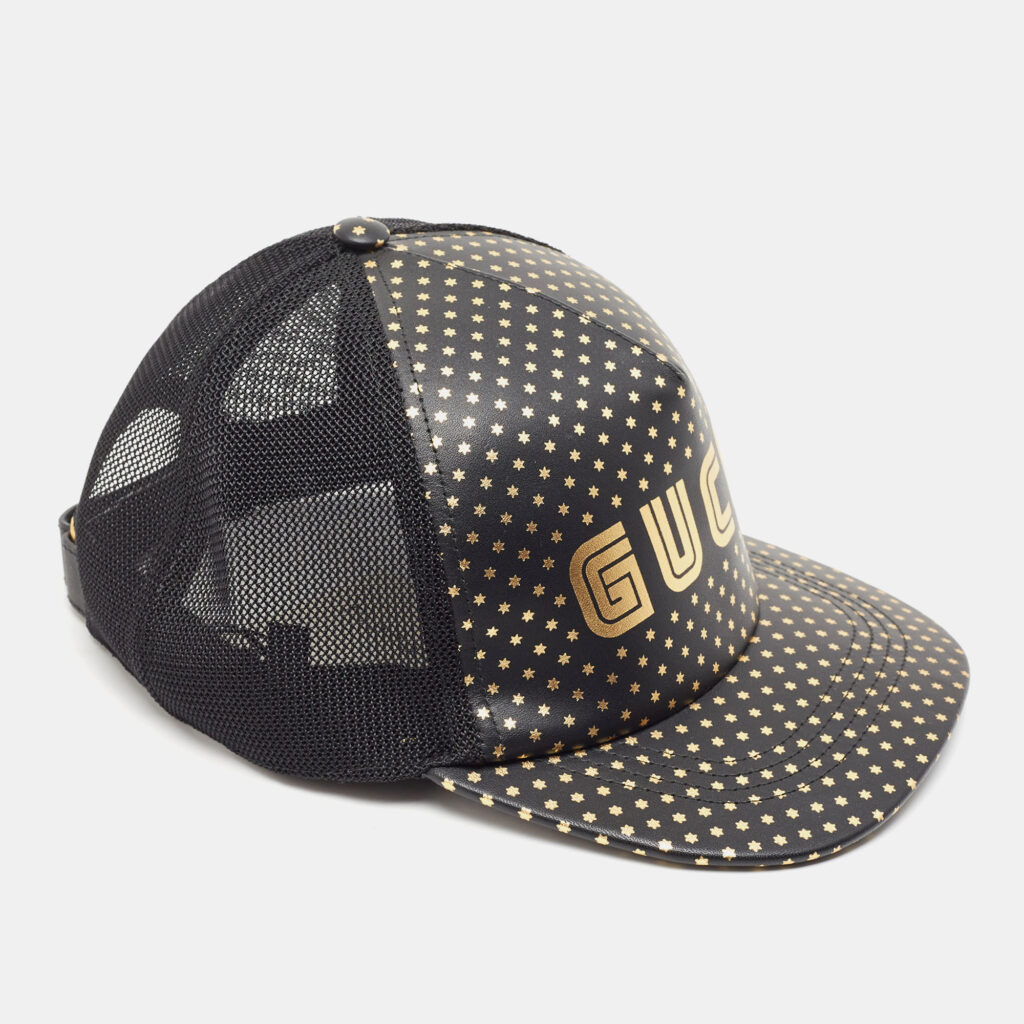 luxury-women-gucci-new-accessories-p918183-006 Gucci Black Guccy Stars Print Leather & Mesh Baseball Cap M