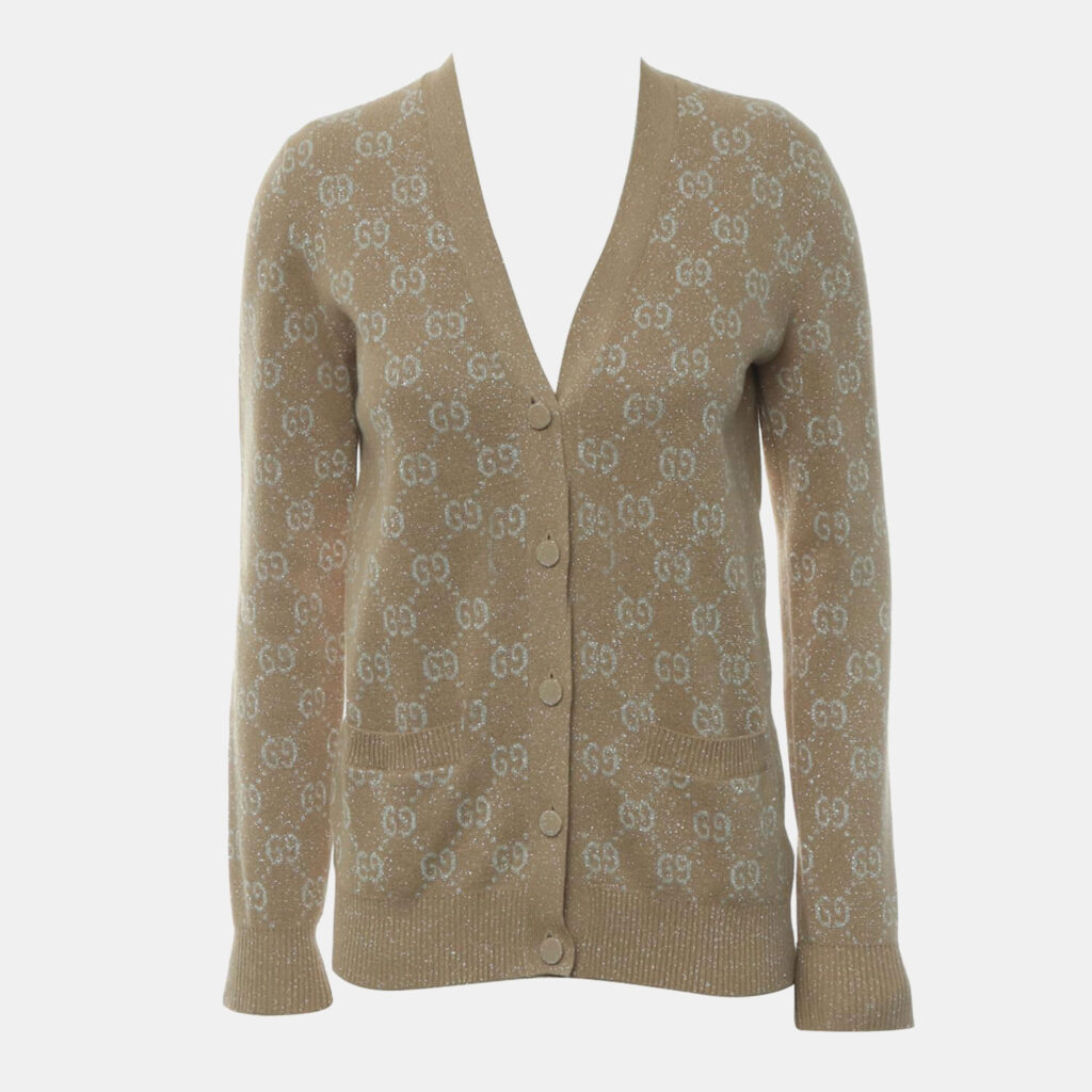 luxury-women-gucci-new-clothes-p1090536-004 Gucci Light Brown, Camel, Beige Cotton, Metallised Fiber, GG Jacquard Cardigan XS