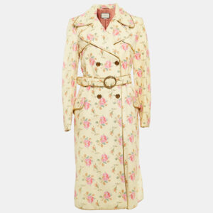 Gucci Yellow Floral Leather Double Breasted Coat M