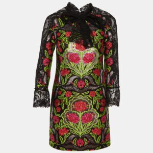 Gucci Black Floral Jacquard Lace Trim Mini Dress S