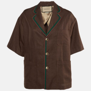 Gucci Brown Web Stripe Linen Blend Bowling Shirt S