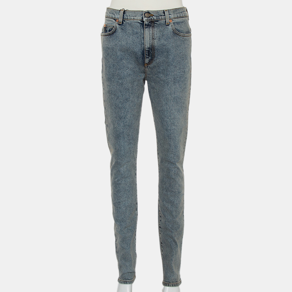 luxury-women-gucci-new-clothes-p433995-009 Gucci Blue Logo Printed Denim Muddy Effect Skinny Jeans M