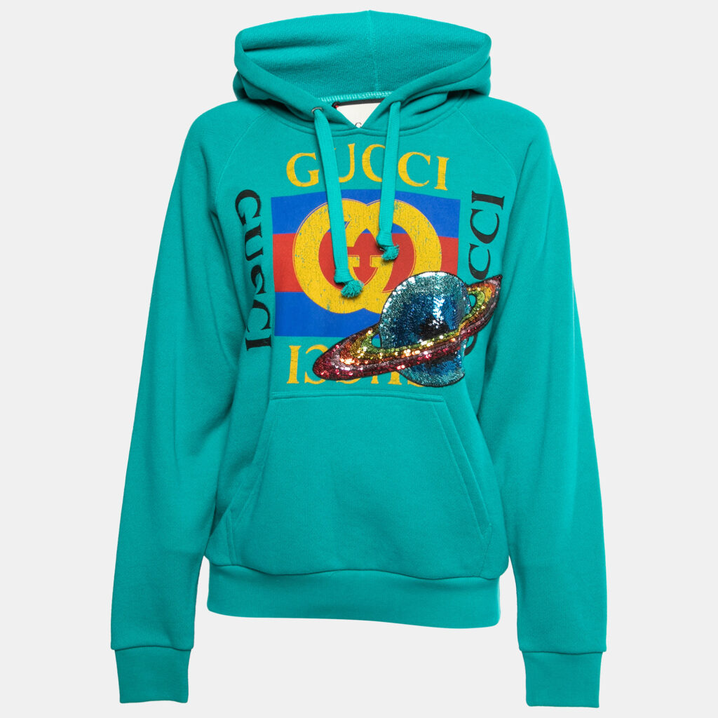 luxury-women-gucci-new-clothes-p757078-001 Gucci Teal Blue Cotton Planet Sequined Hooded Sweatshirt XS