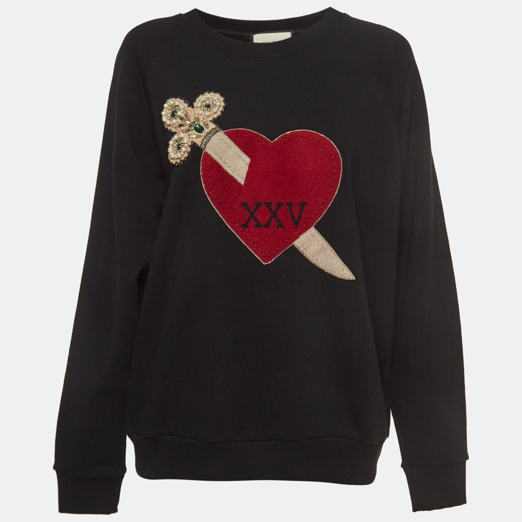 luxury-women-gucci-new-clothes-p917795-001 Gucci Black Cotton Dagger Heart Embroidered Sweatshirt S