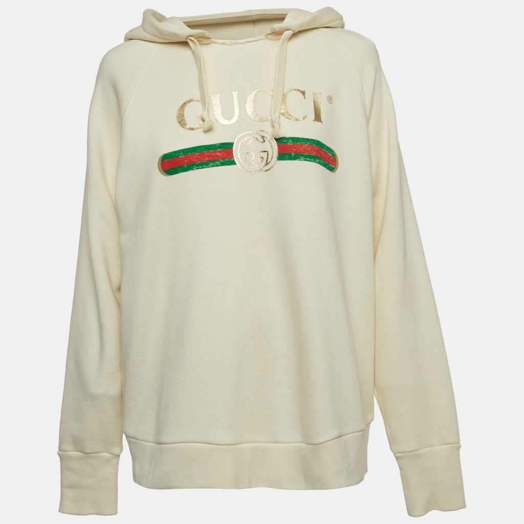 luxury-women-gucci-new-clothes-p917874-002 Gucci Cream Logo Print Embroidered Cotton Knit Hoodie XS