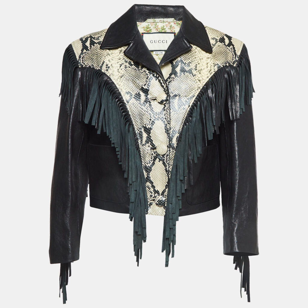 luxury-women-gucci-new-clothes-p930949-001 Gucci Black Python Embossed Fringed Leather Jacket M