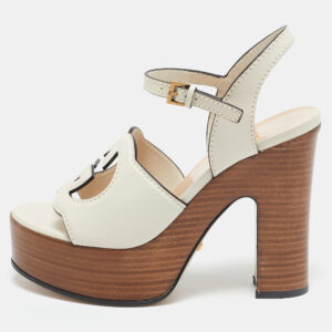 gucci cream leather horsebit platform block heel ankle strap sandals size 36