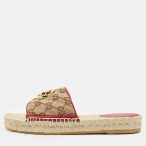 Gucci Beige GG Canvas GG Marmont Espadrille Flat Slides Size 35.5