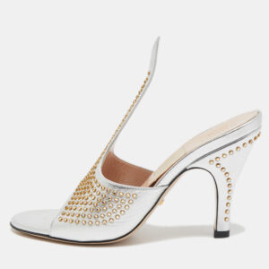 Gucci Silver Leather Studded Cone Slide Sandals Size 36.5