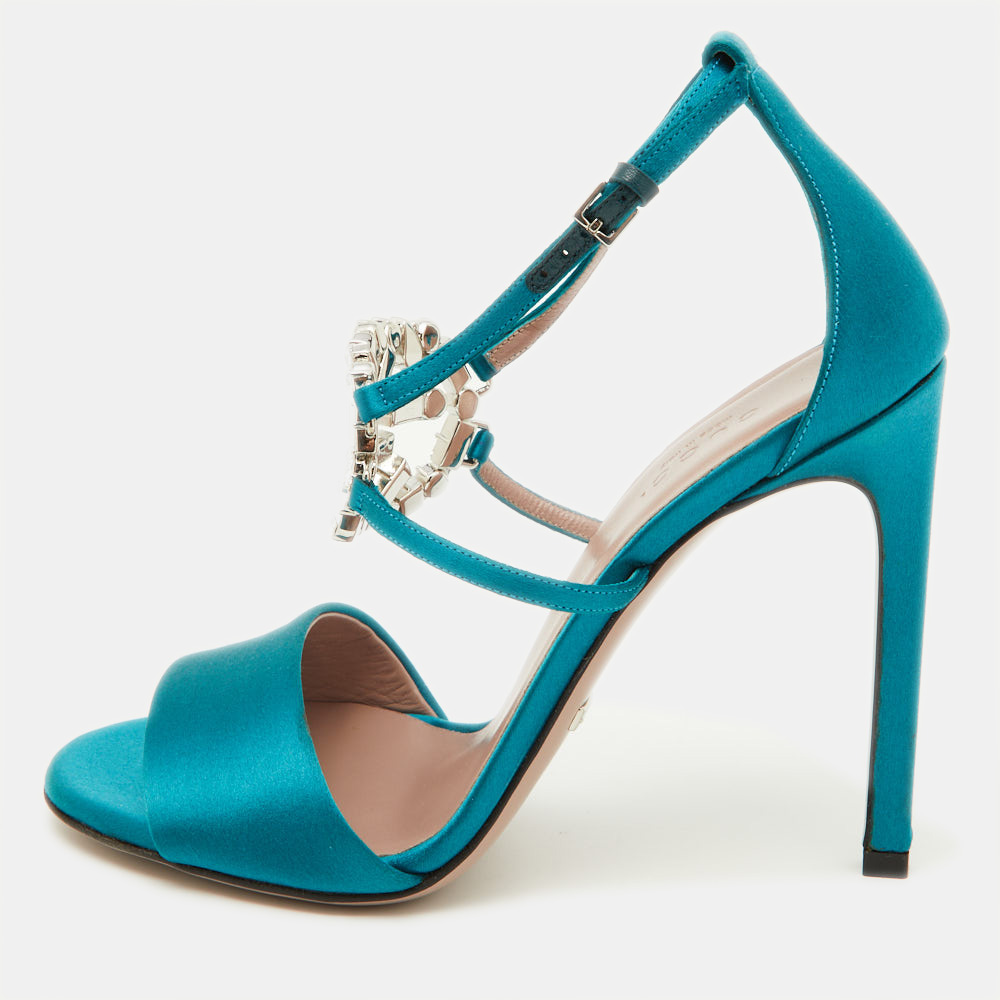 luxury-women-gucci-new-shoes-p901359-001 Gucci Teal Satin Crystal Embellished Interlocking G Ankle Strap Sandals Size 36