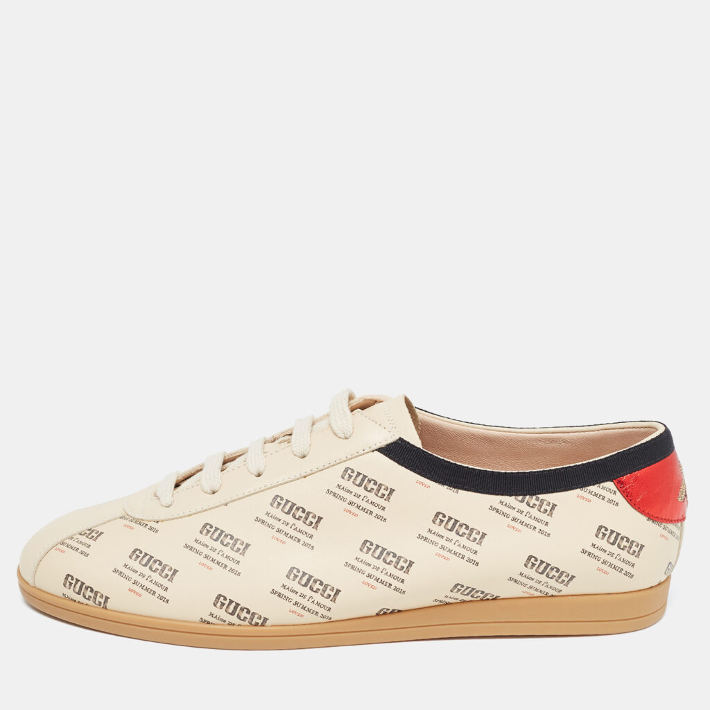 luxury-women-gucci-new-shoes-p917711-001 Gucci Beige Invite Print Leather Falacer Sneakers Size 40
