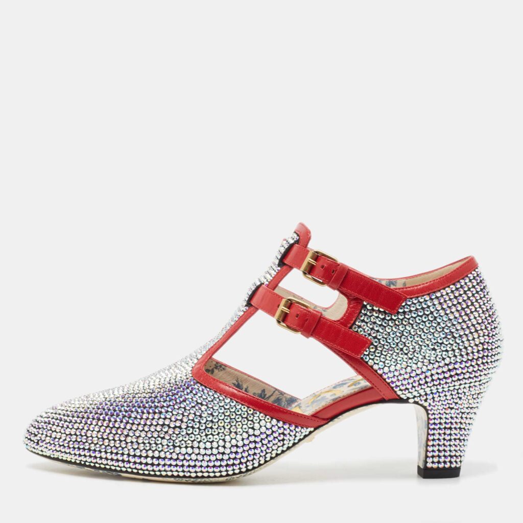 luxury-women-gucci-new-shoes-p918053-003 Gucci Metallic/Red Crystal Embellished Fabric and Leather T-Bar Pumps Size 40.5
