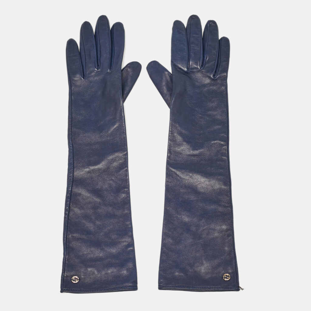 luxury-women-gucci-used-accessories-p1099665-002 Gucci Navy Blue Leather Interlocking G Long Gloves Size 6.5