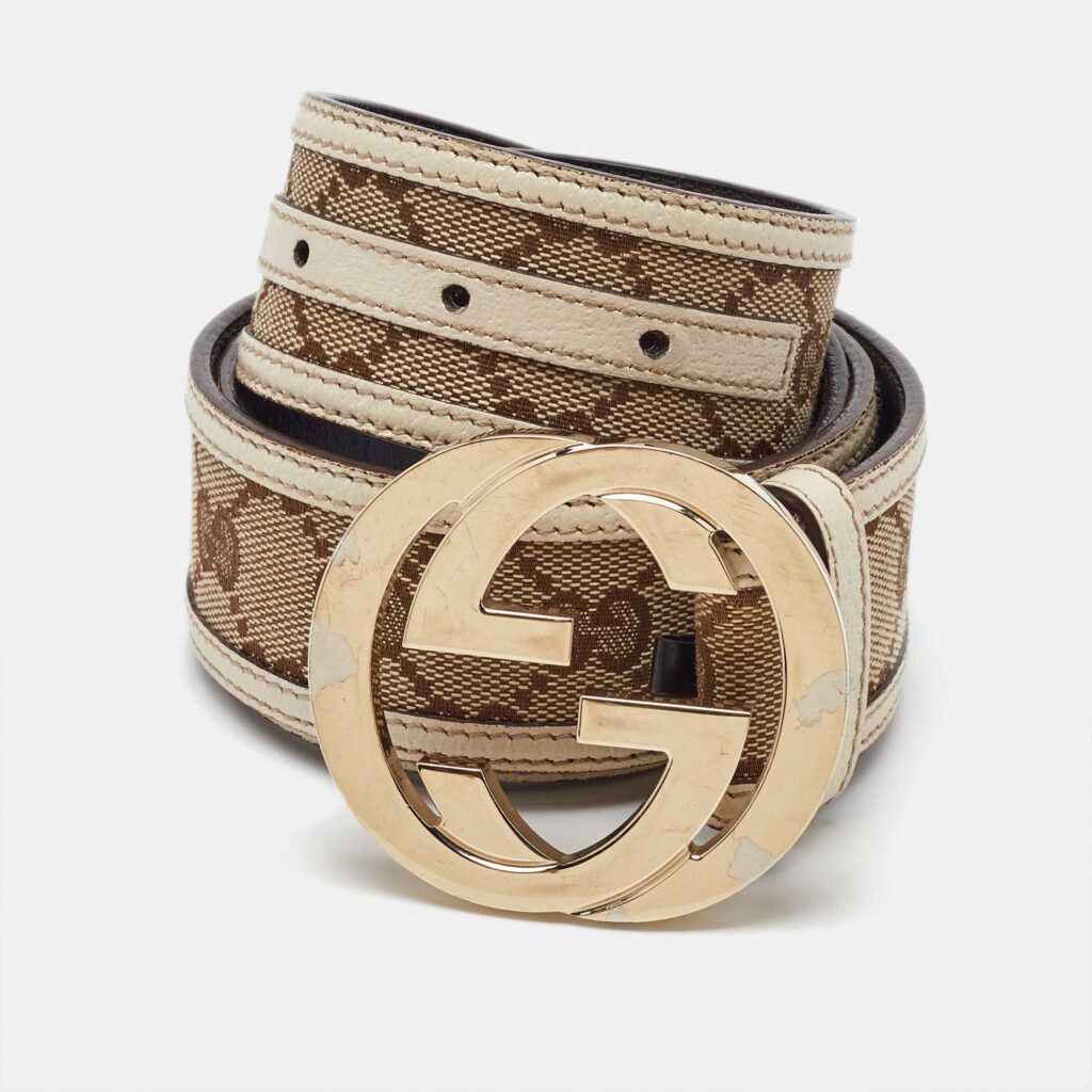 luxury-women-gucci-used-accessories-p1101975-005 Gucci Beige GG Canvas and Leather Interlocking G Buckle Belt 95CM