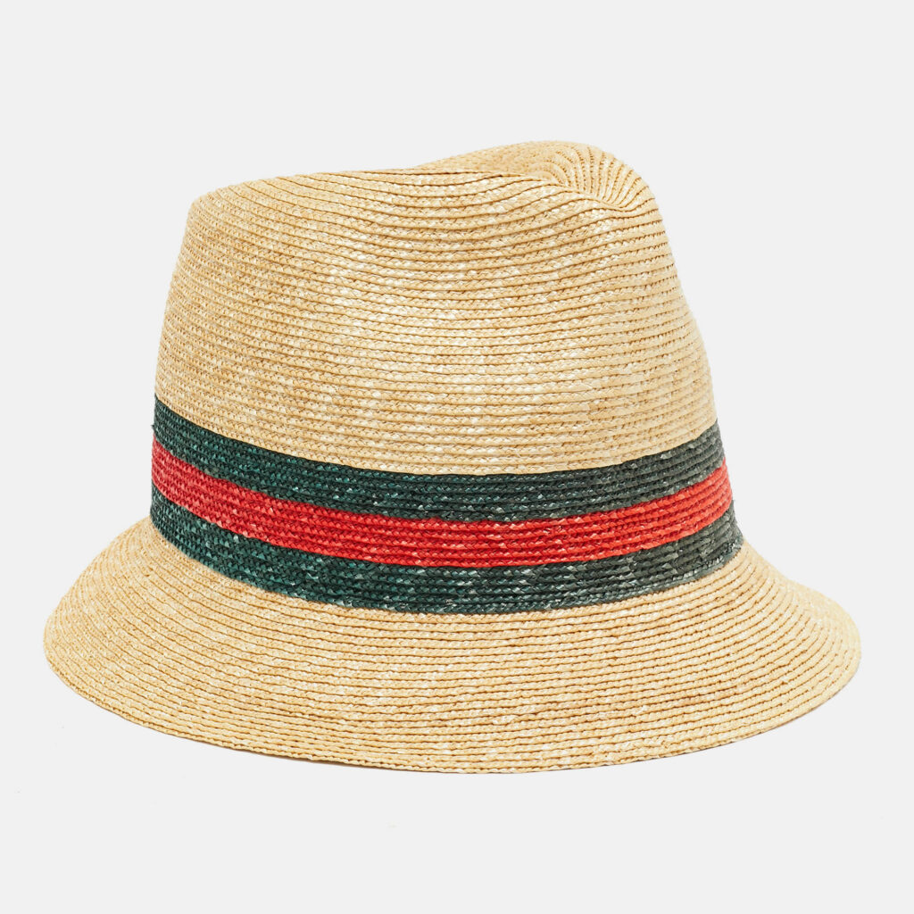 luxury-women-gucci-used-accessories-p1135235-002 Gucci Brown Web Print Straw Fedora Hat M