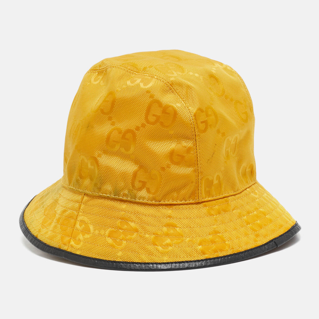 luxury-women-gucci-used-accessories-p1135315-004 Gucci Yellow Logo Leather Applique GG Canvas Bucket Hat