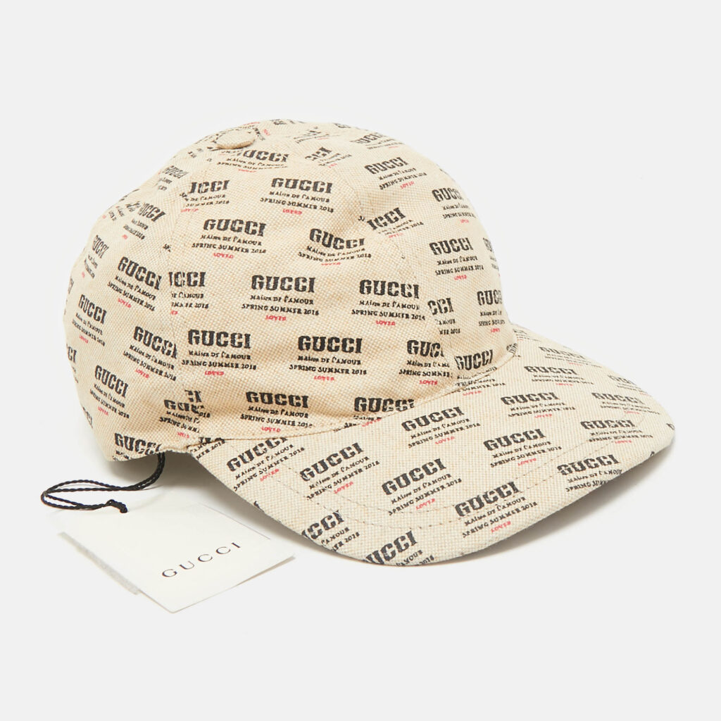 luxury-women-gucci-used-accessories-p1159227-007 Gucci Beige Stamp Print Linen Blend Baseball Cap M