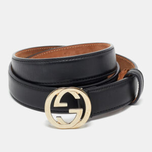 Gucci Black Leather Interlocking G Buckle Slim Belt 95 CM