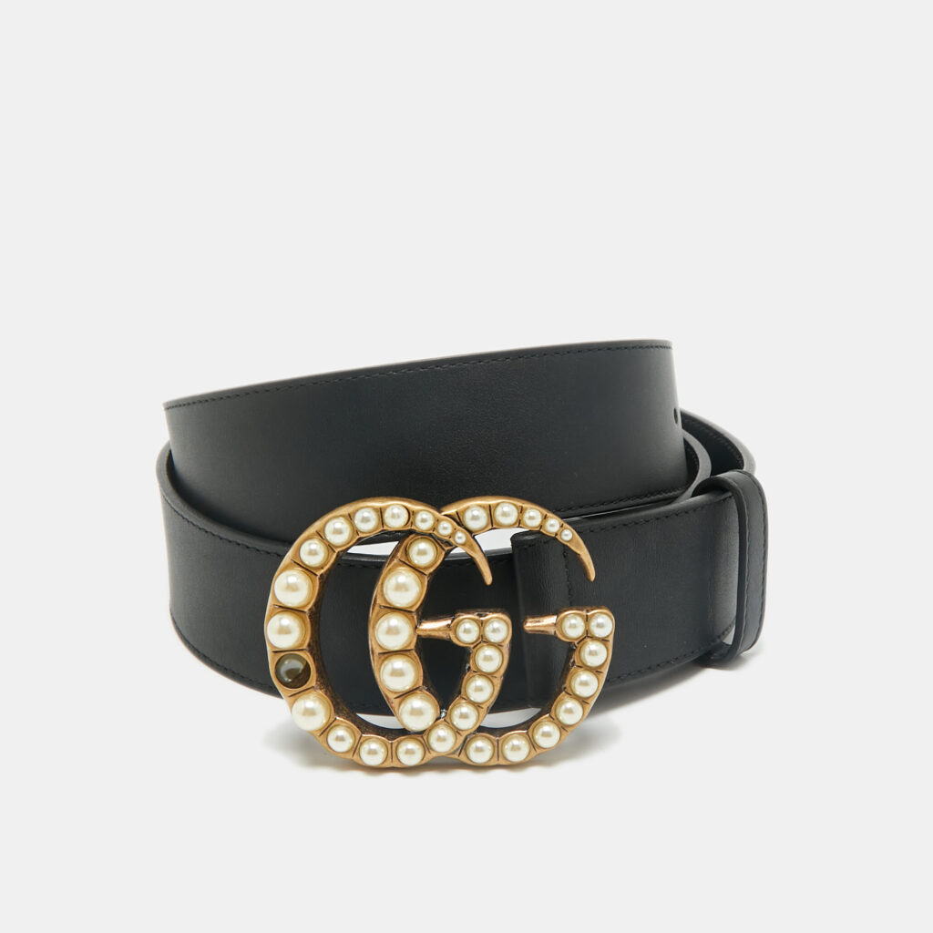 luxury-women-gucci-used-accessories-p1169942-001 Gucci Black Leather GG Marmont Pearl Embellished Buckle Belt 110CM