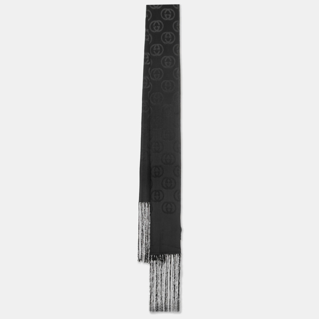 luxury-women-gucci-used-accessories-p854459-006 Gucci Black GG Pattern Silk Fringed Stole