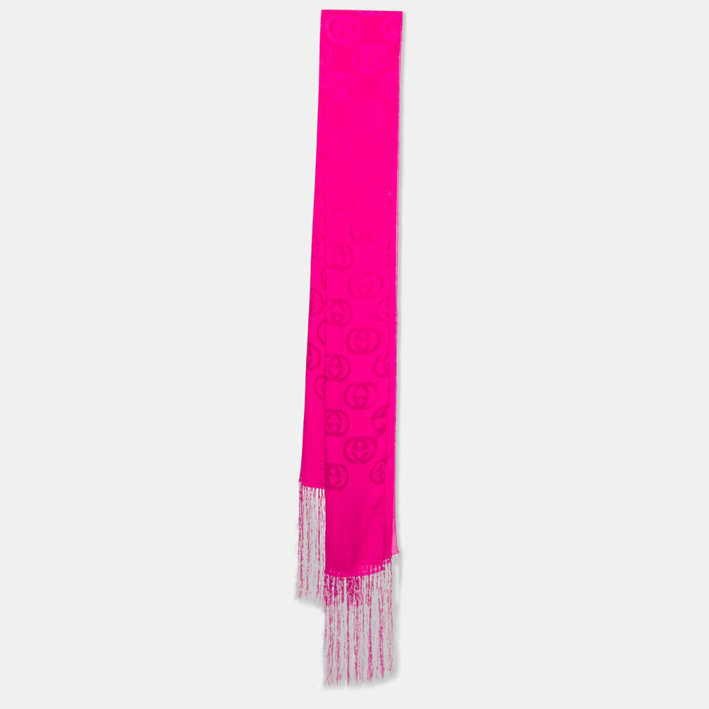 luxury-women-gucci-used-accessories-p855043-005 Gucci Fuchsia Pink GG Pattern Silk Fringed Stole