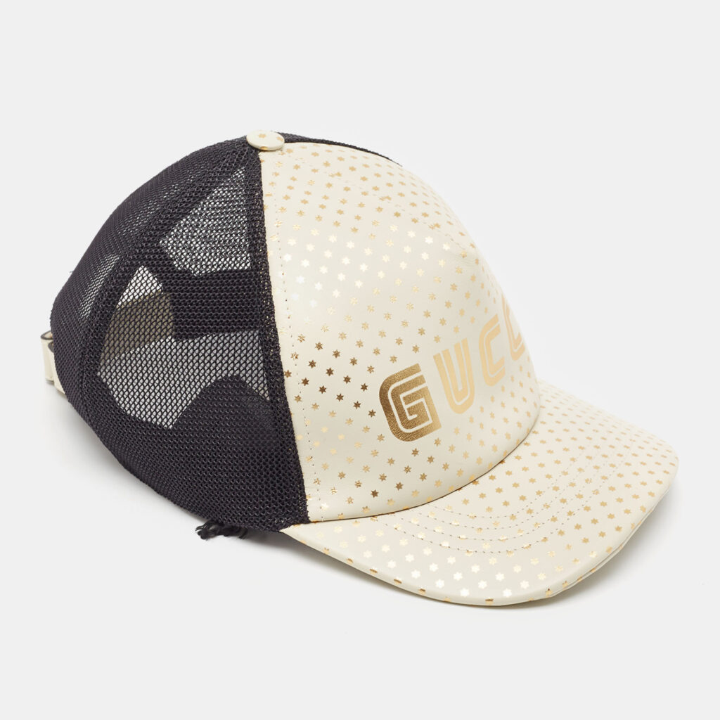luxury-women-gucci-used-accessories-p917796-004 Gucci Off White Stars Logo Print Leather & Nylon Baseball Cap L