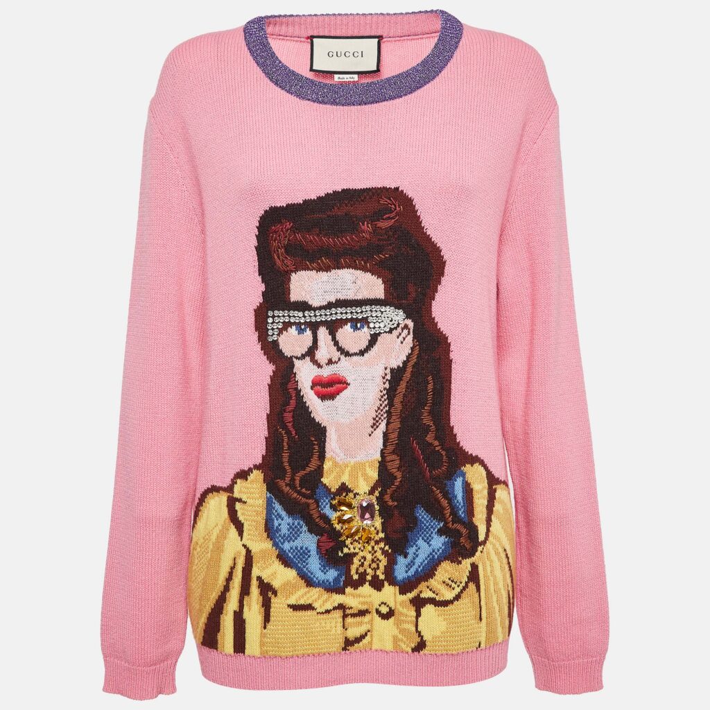 luxury-women-gucci-used-clothes-p1024037-006 Gucci Pink Embellished & Patterned Wool Knit Sweater XL