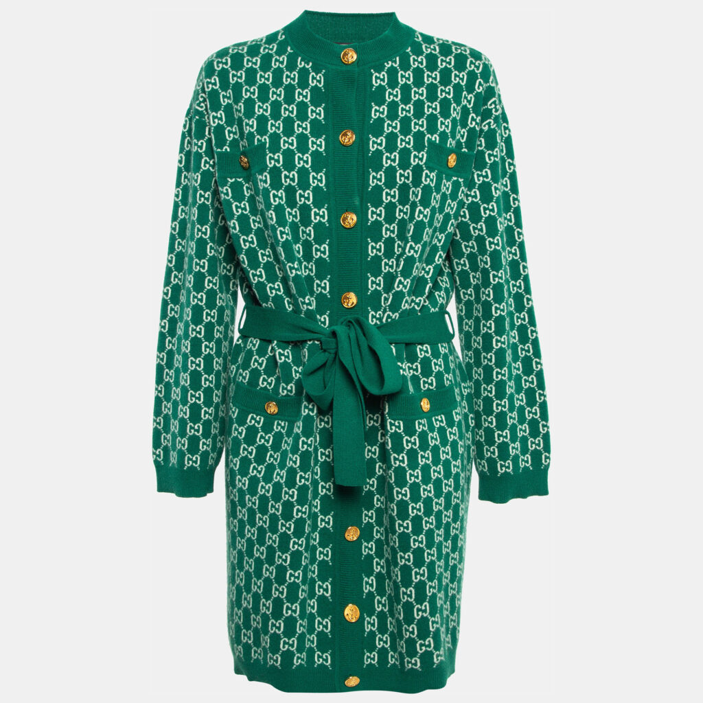 luxury-women-gucci-used-clothes-p1032288-007 Gucci Green GG Patterned Wool Knit Belted Long Cardigan S