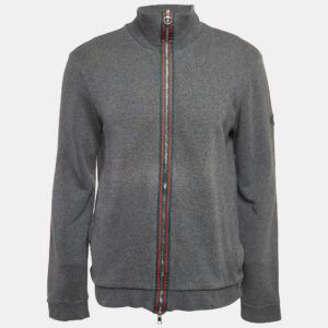 Gucci Grey Web Trim Cotton Knit Zip Front Hoodie XL