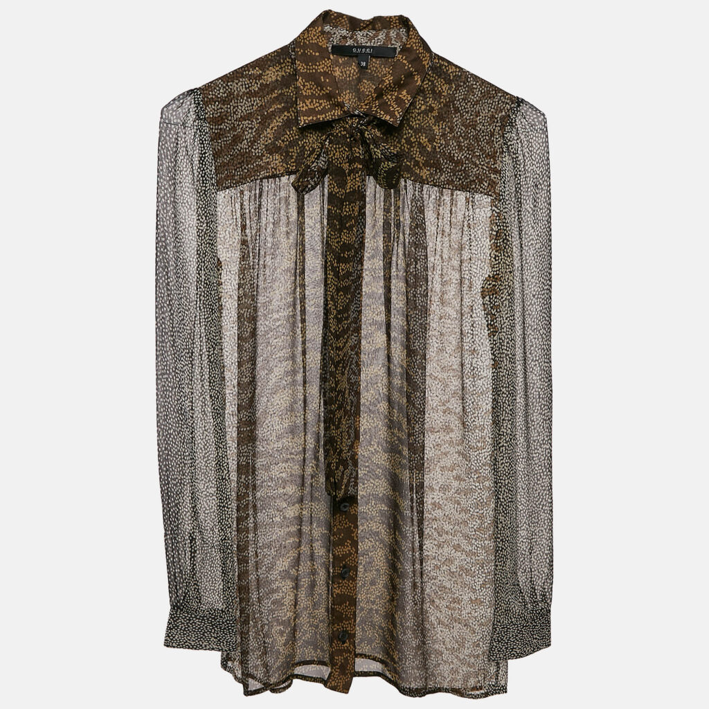 Gucci Brown Printed Chiffon Tie-Up Detail Sheer Shirt S