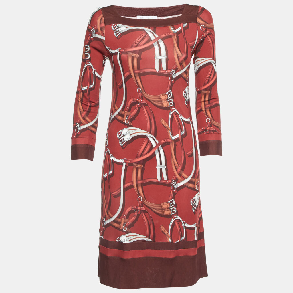 luxury-women-gucci-used-clothes-p1102126-001 Gucci Equestrian Dark Red Printed Jersey Knee-Length Dress S