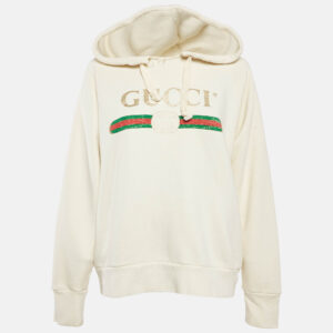Gucci Cream Dog Embroidery Cotton Hooded Sweatshirt S