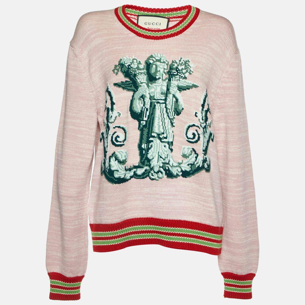 luxury-women-gucci-used-clothes-p1115030-001 Gucci Pink Angel Embroidered Wool Knit Sweater XL