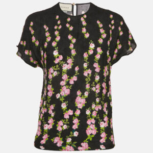 Gucci Black Floral Print Jacquard Crepe Top M