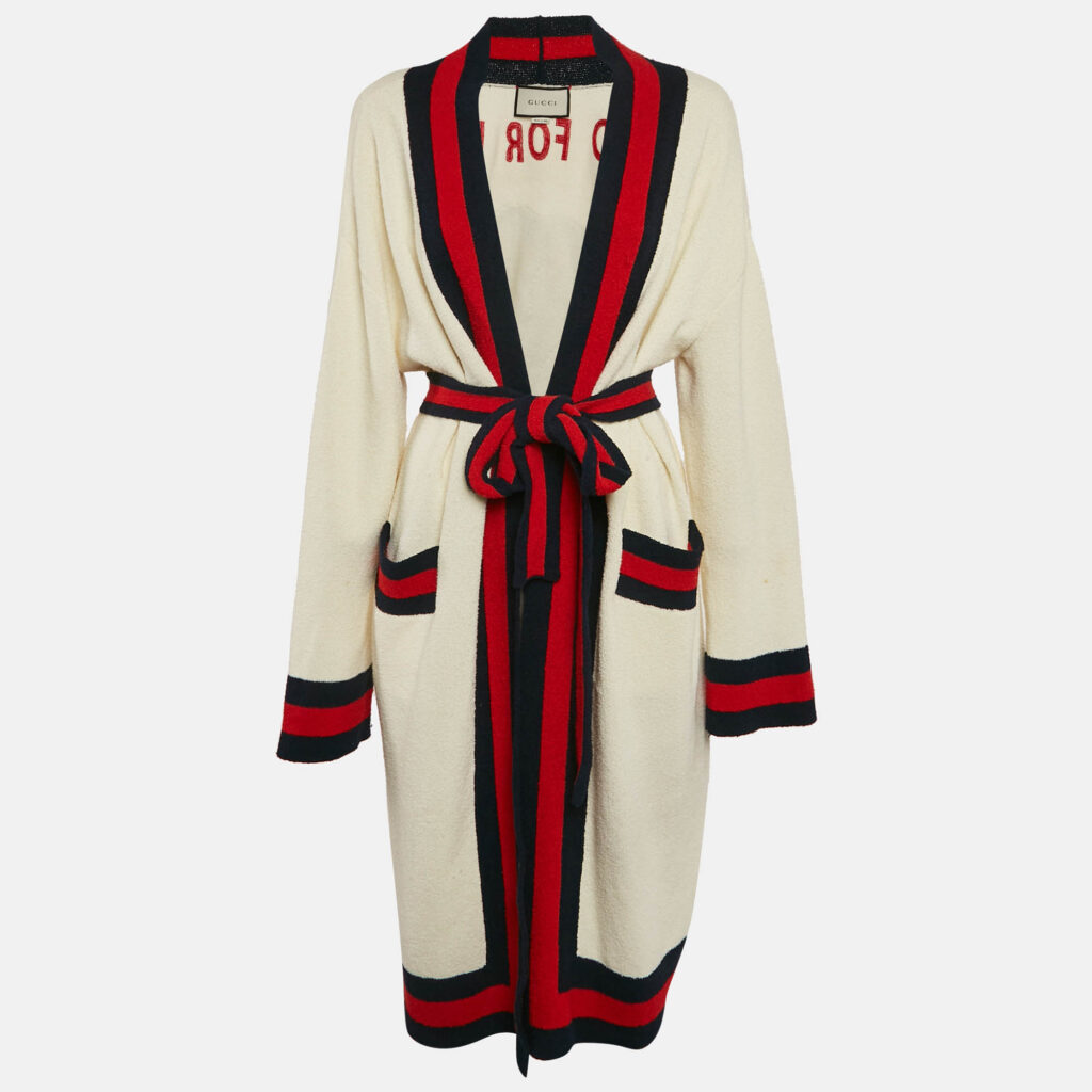 Gucci Cream Web Blind For Love Cotton Terry Tiger Embellished Cardigan M