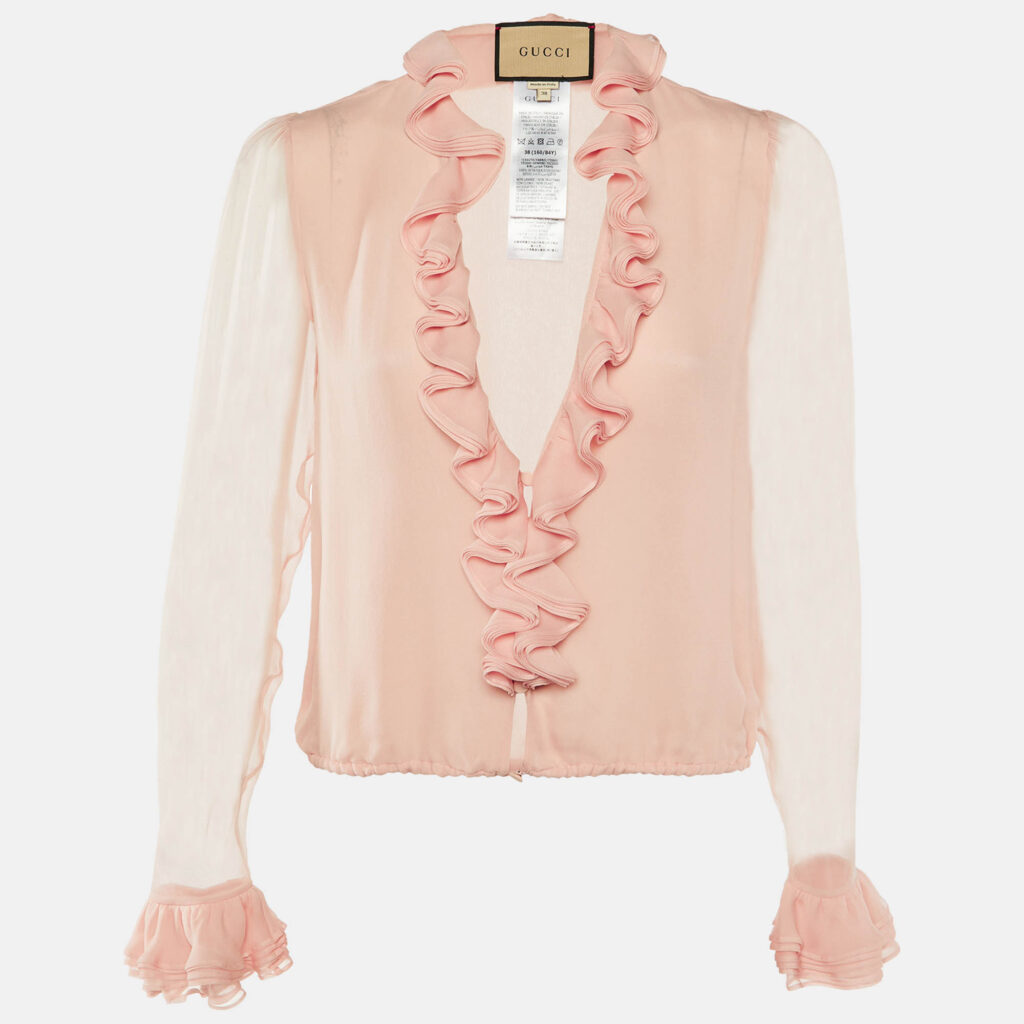 luxury-women-gucci-used-clothes-p1137530-002.jpg Gucci Pink Silk Ruffled Button Front Blouse S